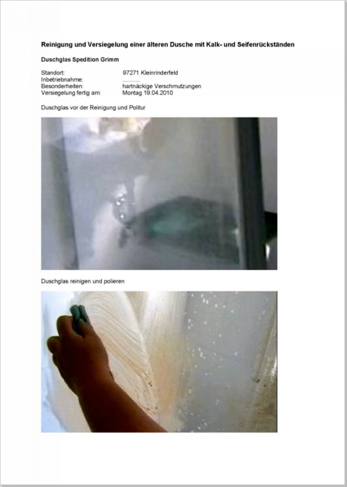 Duschglas - Spedition Grimm, Reinigung