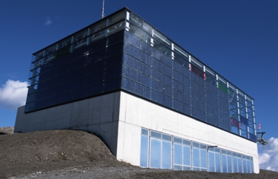 Kriegerhorn - cable car at Arlberg/Lech in Austria, most innovative cable railway station in the world; semi transparent photovoltaic modules of the interior and exterior facade, are sealed with signapur. Cleaning by spray-washing once a year.